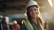 The work site provides the setting for a portrait of a female construction worker wearing PPE and smiling brightly