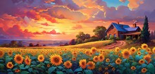 Painting Style Illustration, Sunflower Field With Sunset Sky Scenery, Calm And Peaceful, Generative Ai