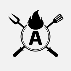 Wall Mural - Letter A Restaurant Logo with Grill Fork and Spatula Icon. Hot Grill Symbol