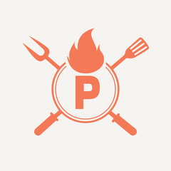 Wall Mural - Letter P Restaurant Logo with Grill Fork and Spatula Icon. Hot Grill Symbol