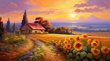 painting style illustration, sunflower field with sunset sky scenery, calm and peaceful, Generative Ai