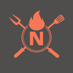 Wall Mural - Letter N Restaurant Logo with Grill Fork and Spatula Icon. Hot Grill Symbol