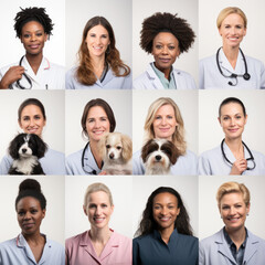 Collage of photo portraits of smiling women veterinarian of different ethnicities promoting diversity and encouraging inclusive empowerment in the workplace. 