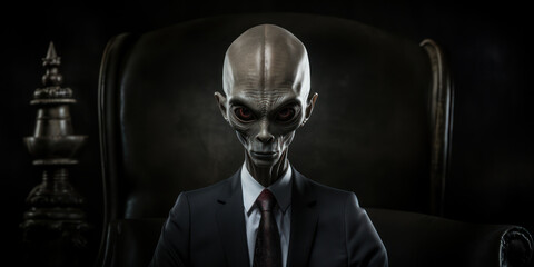 alien in a white shirt, business suit looking at camera in the dark office. generative ai