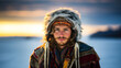 © Tamara - Portrait of male from the Sami culture in Scandinavia. Man in colorful traditional gakti contrasting with the snowy backdrop of a fjord.