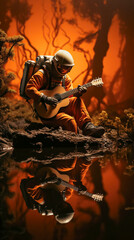 Wall Mural - Astronaut in a orange space suit sitting on a rock on mars playing the guitar