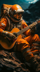 Wall Mural - Astronaut in a orange space suit sitting on a rock on mars playing the guitar