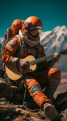 Wall Mural - Astronaut in a orange space suit sitting on a rock on mars playing the guitar