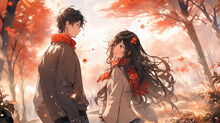 Romantic Couple In Autumn Park. Happy Anime Boy And Girl Walking In Autumn Woods. Romantic Drawn Anime Style