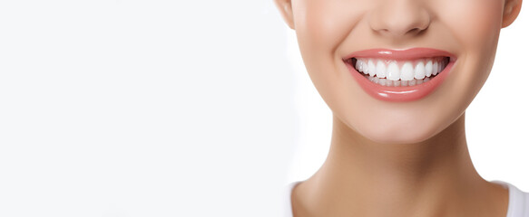 A wide smile of a cute young girl with delicate skin. Attractive smile of a girl on white background with copy space. Design for beauty industry, dentistry. The concept of happiness with healthy teeth