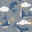 Semless pattent with cute flying whale in the sky, between clouds, zodiac stars, moon