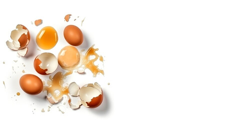 Broken raw eggs on a white background with space for text. Broken and surviving egg after a fall.