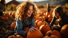 Friends Share Laughter And Smiles While Searching For The Largest Pumpkin In The Patch Generative AI