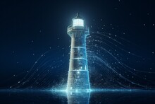 Abstract Information Transmission Tower Or Lighthouse As A Symbol. Background With Selective Focus And Copy Space