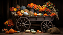 A Rustic Wheelbarrow Overflows With Pumpkins, Showcasing The Diversity Of Shapes And Sizes Nature Provides, Halloween Generative AI