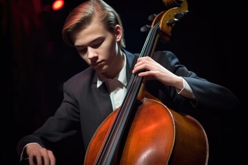 Canvas Print - a young cellist playing his instrument while on stage