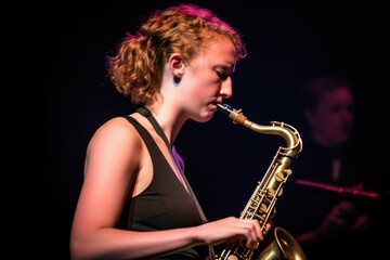 Canvas Print - a young woman playing the saxophone onstage