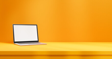 Aufkleber - Laptop with white empty screen mock up on yellow table on orange wall backdrop