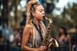 shot of an attractive young musician performing on her saxophone at a music festival