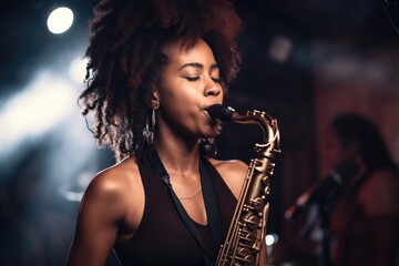 Wall Mural - shot of an attractive young musician performing on her saxophone at a music festival