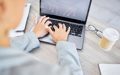 Poster - Hands, laptop and business woman with mockup in home office for design, advertising or marketing space. Keyboard, typing and social media financial influencer with screen for blog content creation