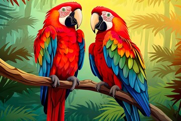 Naklejka na meble cute valentines day Macaw parrot couple world wildlife illustration with flora and fauna made with generative ai technology 