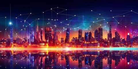 Fototapete - Generative AI : Network and Connection technology night city background at business center bangkok thailand Wireless skyline connection with energy light infographic
