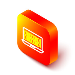 Poster - Isometric line Binary code icon isolated on white background. Orange square button. Vector