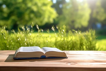 Fototapete - Generative AI : Open book on wood top with blurred green natural background