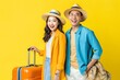 Generative AI : Happy young asian couples traveler having fun at airport terminal Travel and lover concept