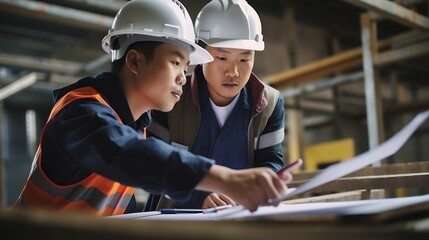 Aufkleber - Generative AI : Asian engineer and worker meeting at construction site workplace Discussion with blueprint Teamwork concept