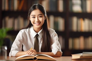Poster - Generative AI : Young asian student college smiling to camera while reading book for exams at library in university