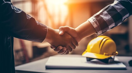 Aufkleber - Generative AI : Architect engineer shaking hands other hand he is holding a helmet at construction site against clear sky With blueprint on table business teamwork cooperation success collaboration co