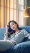 © Generative AI - Generative AI : Asia lady people sitting easy hand behind head work at sofa cozy home lying down close cellphone with calm day dream Tired life time to log out leave health care issue stop turn off so