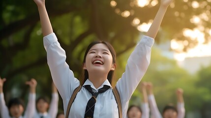 Poster - Generative AI : Young happy attractive asian student smiling to camera expression winner by raising hand and arm up to celebrate success on outdoor university Asian woman in self education or personal