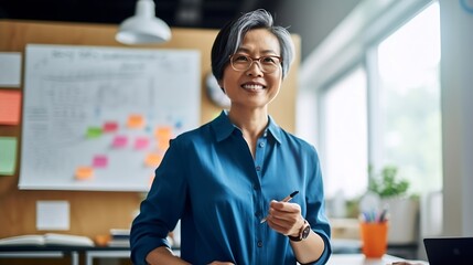 Generative AI : Asian creative woman smiling and meeting at office use post it notes to share idea and planning project Group of employee brainstorming idea on glass wall and sticky Brainstorming conc