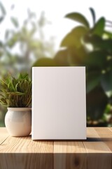 Poster - Generative AI : Open book on wood top with blurred green natural background