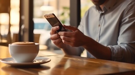 Poster - Generative AI : Man using smartphone with laptop in coffee cafe shop