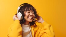 Generative AI : Happy Chill Asian Girl Listening To Music In Wireless Headphone With Smartphone Woman Listening Podcast And Wearing Yellow Shirt On Pink Isolated Background