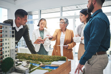 Poster - Creative people, real estate and meeting with 3D model, building project or team startup at office. Group in teamwork discussion for architecture, brainstorming or planning strategy at the workplace