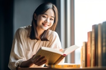 Poster - Generative AI : Young asian student college smiling to camera while reading book for exams at library in university