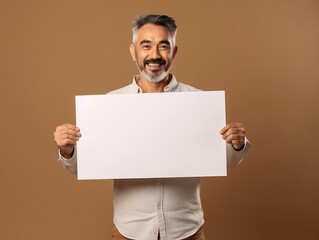 Wall Mural - Generative AI : Happy grandpa smiling with white teeth enjoy moment and holding a blank board Asian older man showing white blank board for your advertising text message or promotional content