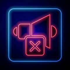 Poster - Glowing neon Speaker mute icon isolated on black background. No sound icon. Volume Off symbol. Vector