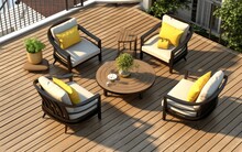 Furnished Outdoor Terrace With Wpc Wood Plastic Composite Decking Boards. Created With Generative AI Technology.