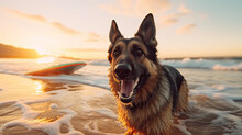 German Shepherd Running And Playing On Dog-friendly Beach At Sunset. Summer Fun Surfing Vacation With Dog, Pet Friendly Trip And Outdoors Adventure Lifestyle.