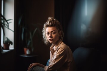 Wall Mural - shot of a young woman sitting at home