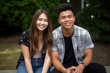 Wall Mural - portrait of two smiling students sitting outside on campus