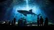 Visitors at aquarium watch silhouettes of fish swimming including Whale Shark
