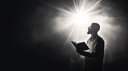 Aufkleber - A man holds a Bible prays in black and white with a light flare