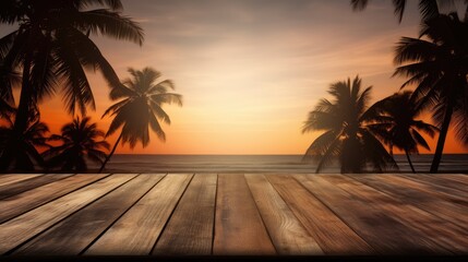 Poster - Wooden table against glowing sky with silhouette of coconut tree